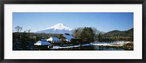 Framed Houses in front of a mountain, Mt Fuji, Honshu, Japan Print