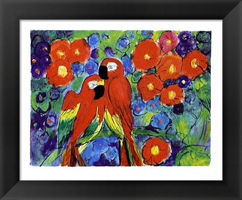 Framed Parrots with Flowers Print