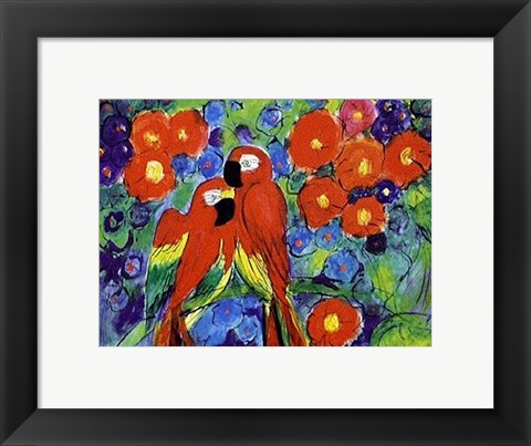 Framed Parrots with Flowers Print