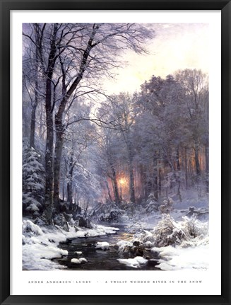 Framed Twilit Wooded River in the Snow Print