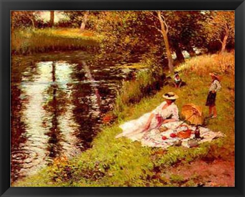 Framed Picnic on the River Bank Print