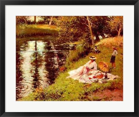 Framed Picnic on the River Bank Print