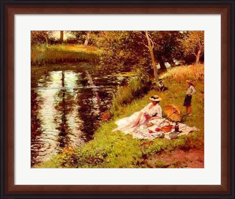 Framed Picnic on the River Bank Print