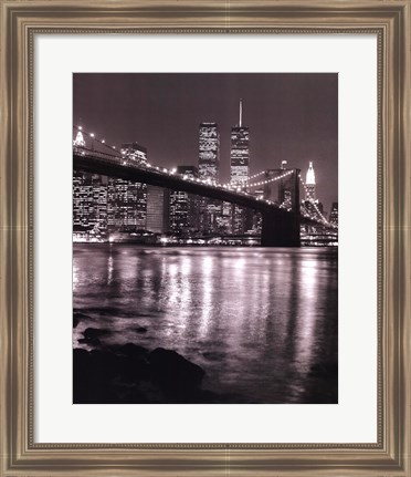 Framed Night View Brooklyn Bridge and Skyline Print