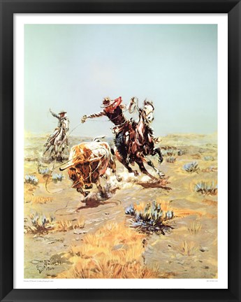 Framed Cowboy Roping A steer Print