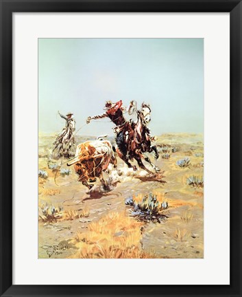 Framed Cowboy Roping A steer Print