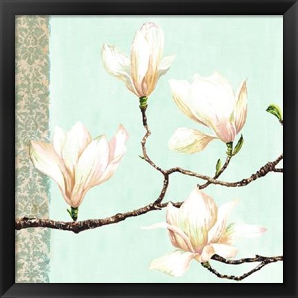 Framed Magnolias On Turquoise Print