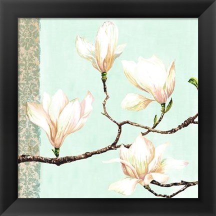 Framed Magnolias On Turquoise Print