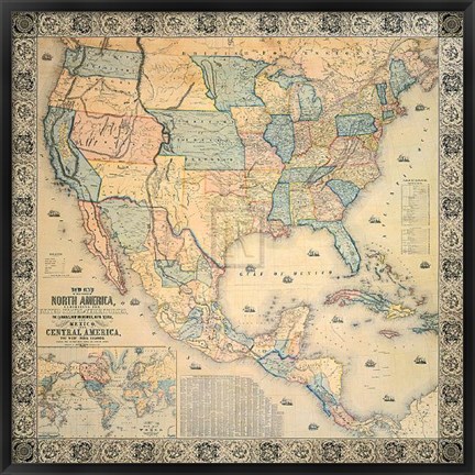 Framed Map of North America, 1853 Print