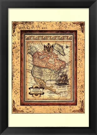 Framed Crackled Map Of North America Print