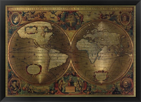 Framed Vintage World Map (metallic) Print