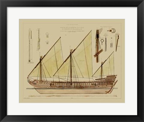 Framed Antique Ship Plan VI Print