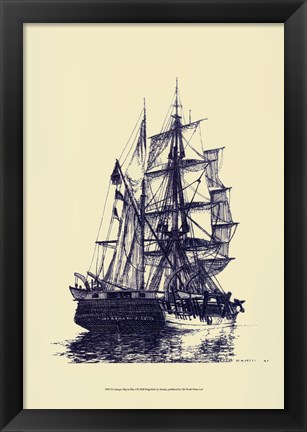 Framed Antique Ship in Blue I Print