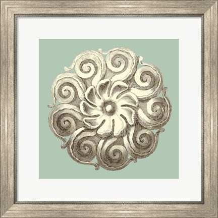 Framed Celadon and Mocha Rosette I Print