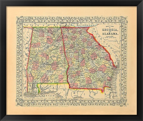 Framed County Map Of Georgia And Alabama Print