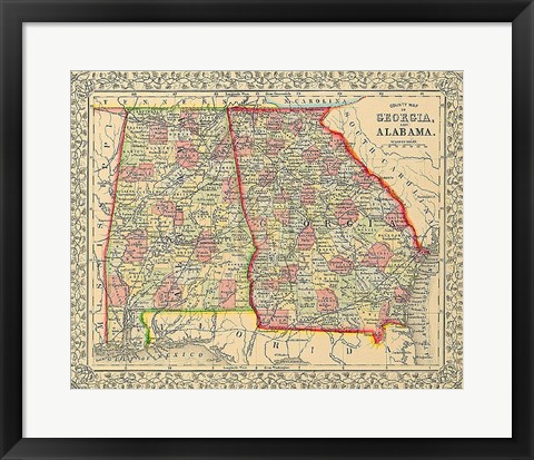 Framed County Map Of Georgia And Alabama Print