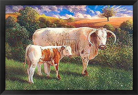 Framed Longhorn Cow And Calf Print