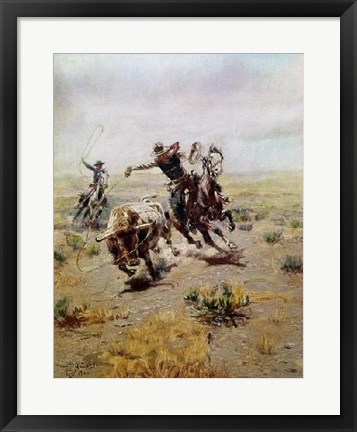 Framed Cowboy Roping a Steer Print