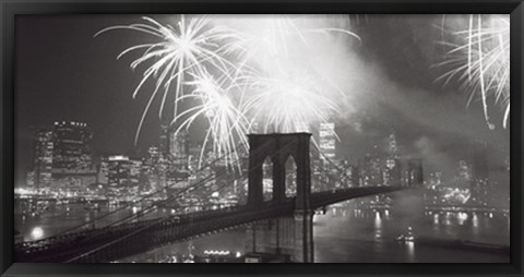 Framed Fireworks over the Brooklyn Bridge Print