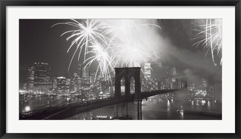 Framed Fireworks over the Brooklyn Bridge Print