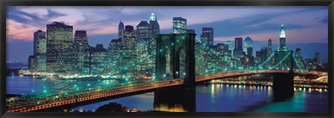 Framed Brooklyn Bridge and Skyline at Night Print