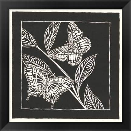 Framed Butterfly Woodblock in Black I Print