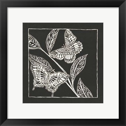 Framed Butterfly Woodblock in Black I Print