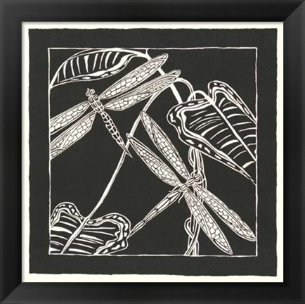 Framed Dragonfly Woodblock in Black I Print