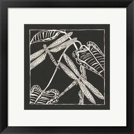 Framed Dragonfly Woodblock in Black I Print