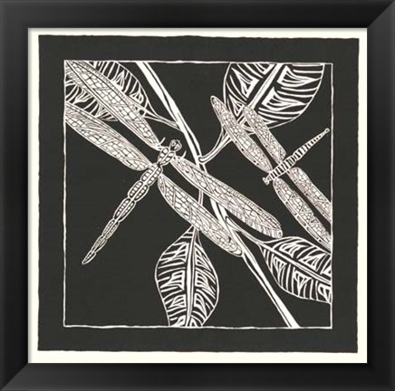 Framed Dragonfly Woodblock in Black II Print