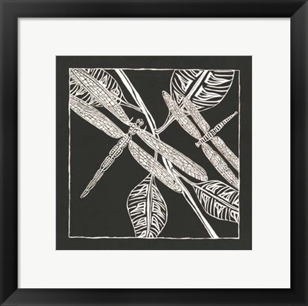 Framed Dragonfly Woodblock in Black II Print