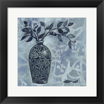 Framed Ornate Vase with Indigo Leaves II Print