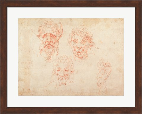 Framed W.33 Sketches of satyrs&#39; faces Print