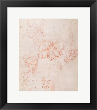 Framed Studies of heads, 1508-12d Print