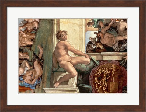 Framed Sistine Chapel Ceiling (1508-12) detail of one of the ignudi Print