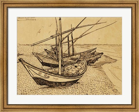 Framed Fishing Boats on the Beach at Saintes-Maries-de-la-Mer, 1888 Print