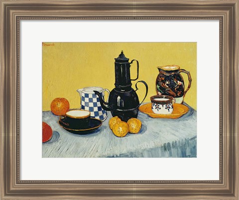 Framed Still Life with Blue Enamel Coffeepot, Earthenware and Fruit Print