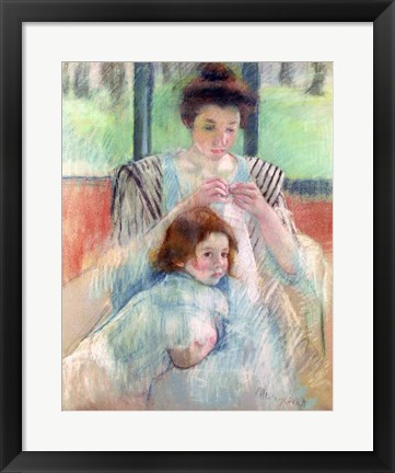 Framed Mother Sewing and Child Print