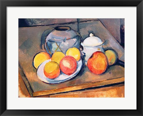 Framed Straw-covered vase, sugar bowl and apples, 1890-93 Print