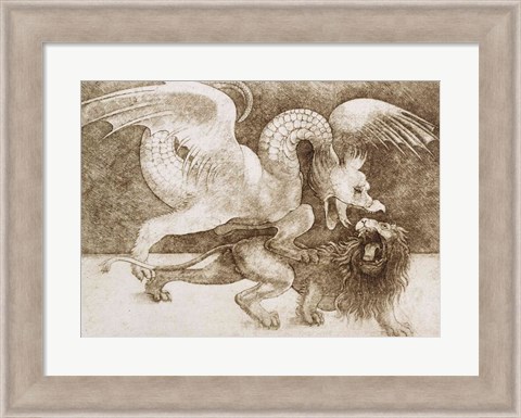 Framed Fight between a Dragon and a Lion Print