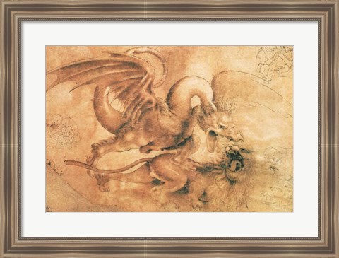 Framed Fight between a Dragon and a Lion Print