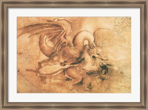 Framed Fight between a Dragon and a Lion Print