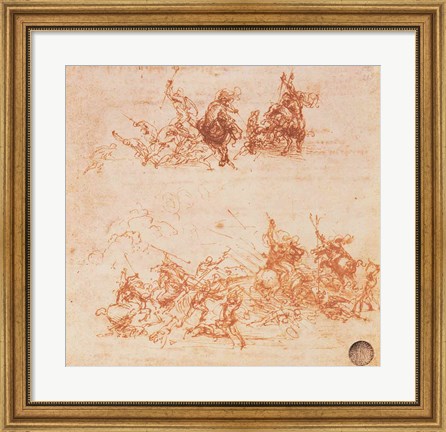 Framed Study of Horsemen in Combat and Foot Soldiers, 1503 Print