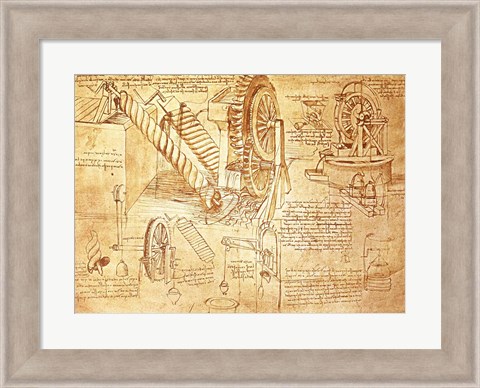 Framed Facsimile of Codex  Atlanticus Screws and Water Wheels Print