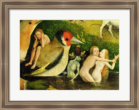 Framed Garden of Earthly Delights: Allegory of Luxury, central panel of triptych, detail of couple in the water and a bird, c.1500 Print