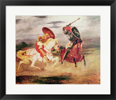 Framed Two Knights Fighting in a Landscape Print