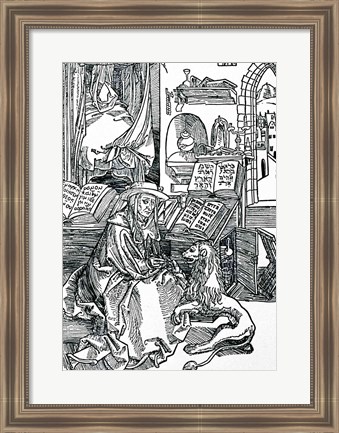 Framed St. Jerome in his study pulling a thorn from a lion&#39;s paw Print