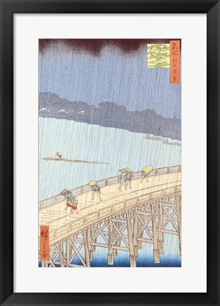 Framed Sudden Shower on Ohashi Bridge Print