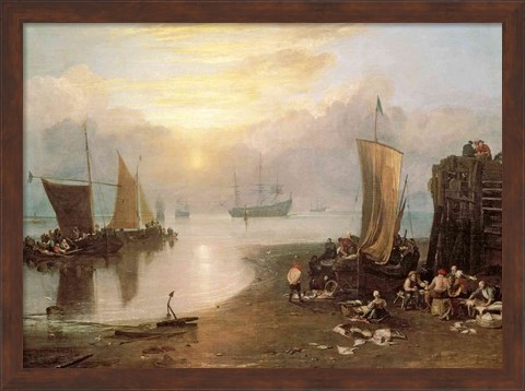 Framed Sun Rising Through Vapour: Fishermen Cleaning and Selling Fish, c.1807 Print