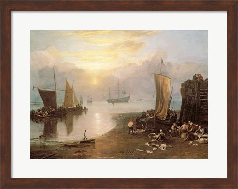 Framed Sun Rising Through Vapour: Fishermen Cleaning and Selling Fish, c.1807 Print